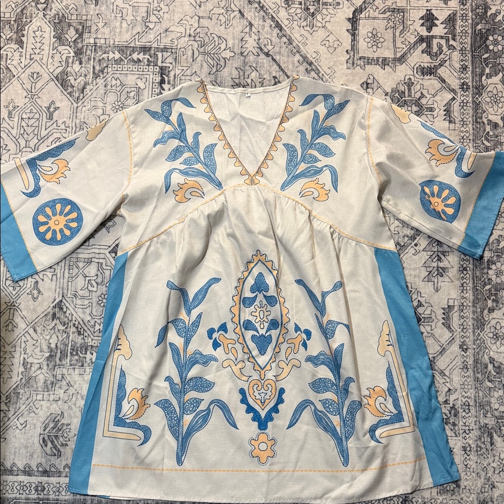 SHEIN Blue and Cream Embroidered Dress